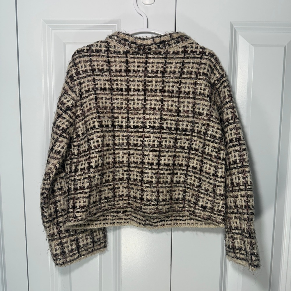 Zara Cardigan Kids 4/5 Brown Tweed Knit Velvet Bow Metallic Cropped Jacket - Picture 4 of 5